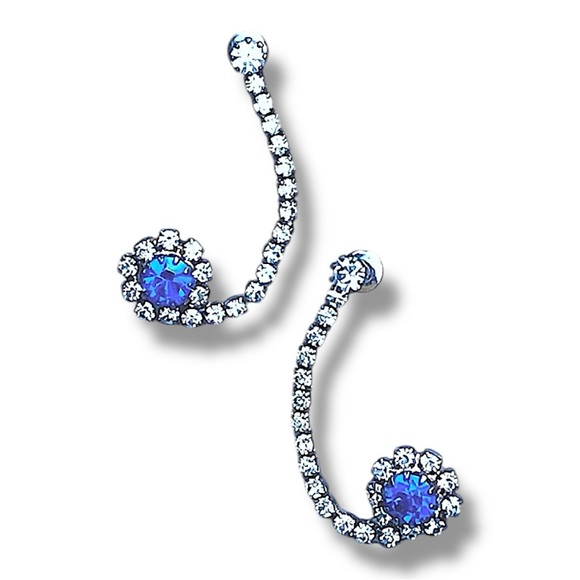 Vintage 90s Faux Diamond & Sapphire Swirl drop party Earrings - Picture 8 of 10